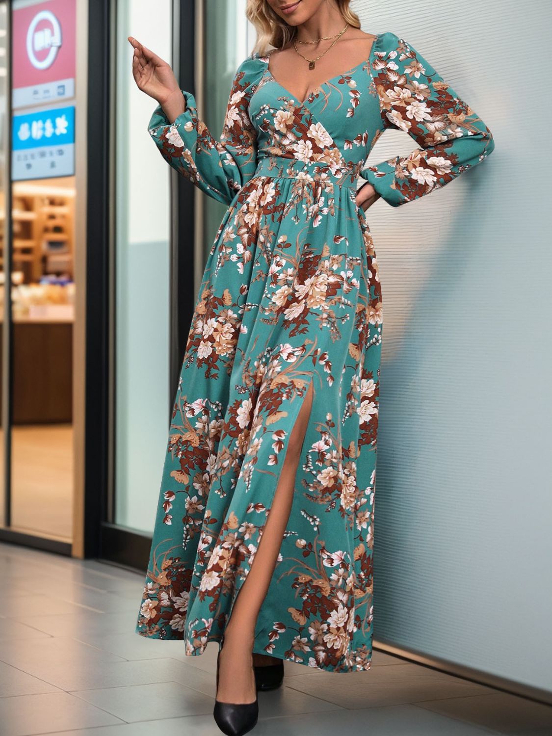 A stylish Slit Printed Surplice Long Sleeve Maxi Dress featuring a slit design, long sleeves, and a flattering silhouette, perfect for various occasions.