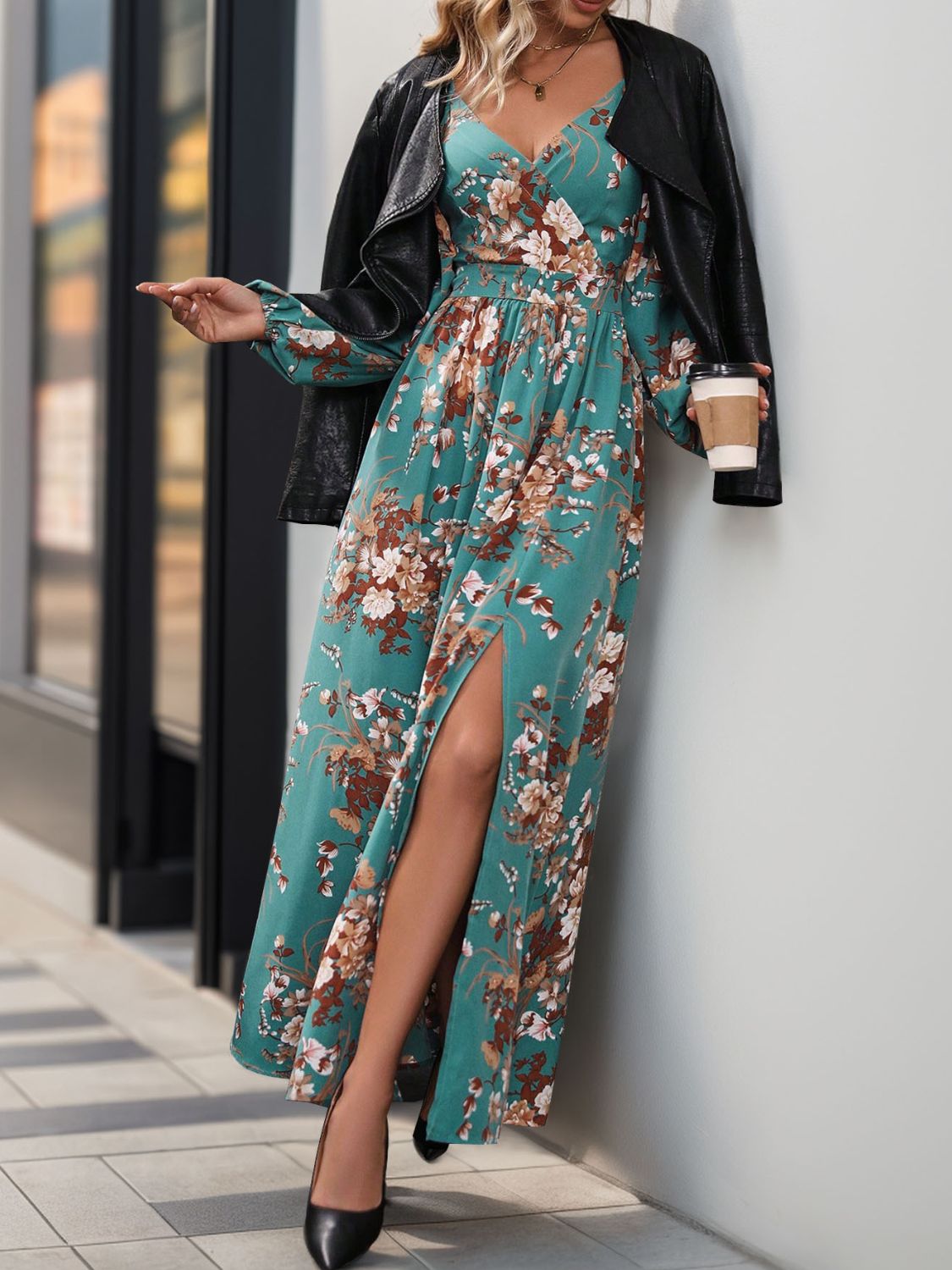 A stylish Slit Printed Surplice Long Sleeve Maxi Dress featuring a slit design, long sleeves, and a flattering silhouette, perfect for various occasions.