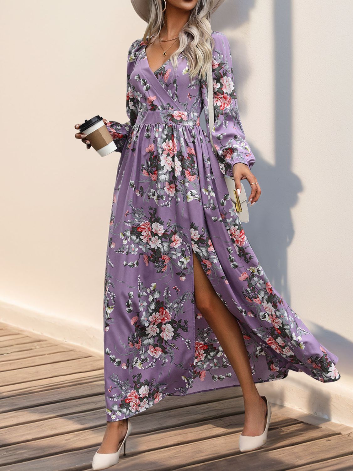 A stylish Slit Printed Surplice Long Sleeve Maxi Dress featuring a slit design, long sleeves, and a flattering silhouette, perfect for various occasions.