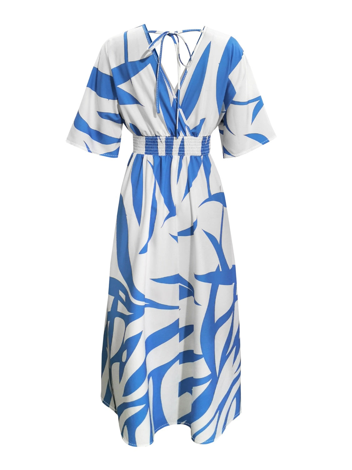 A stylish Slit Printed Surplice Maxi Dress featuring a chic slit, designed for elegance and comfort, made from a soft polyester-elastane blend.