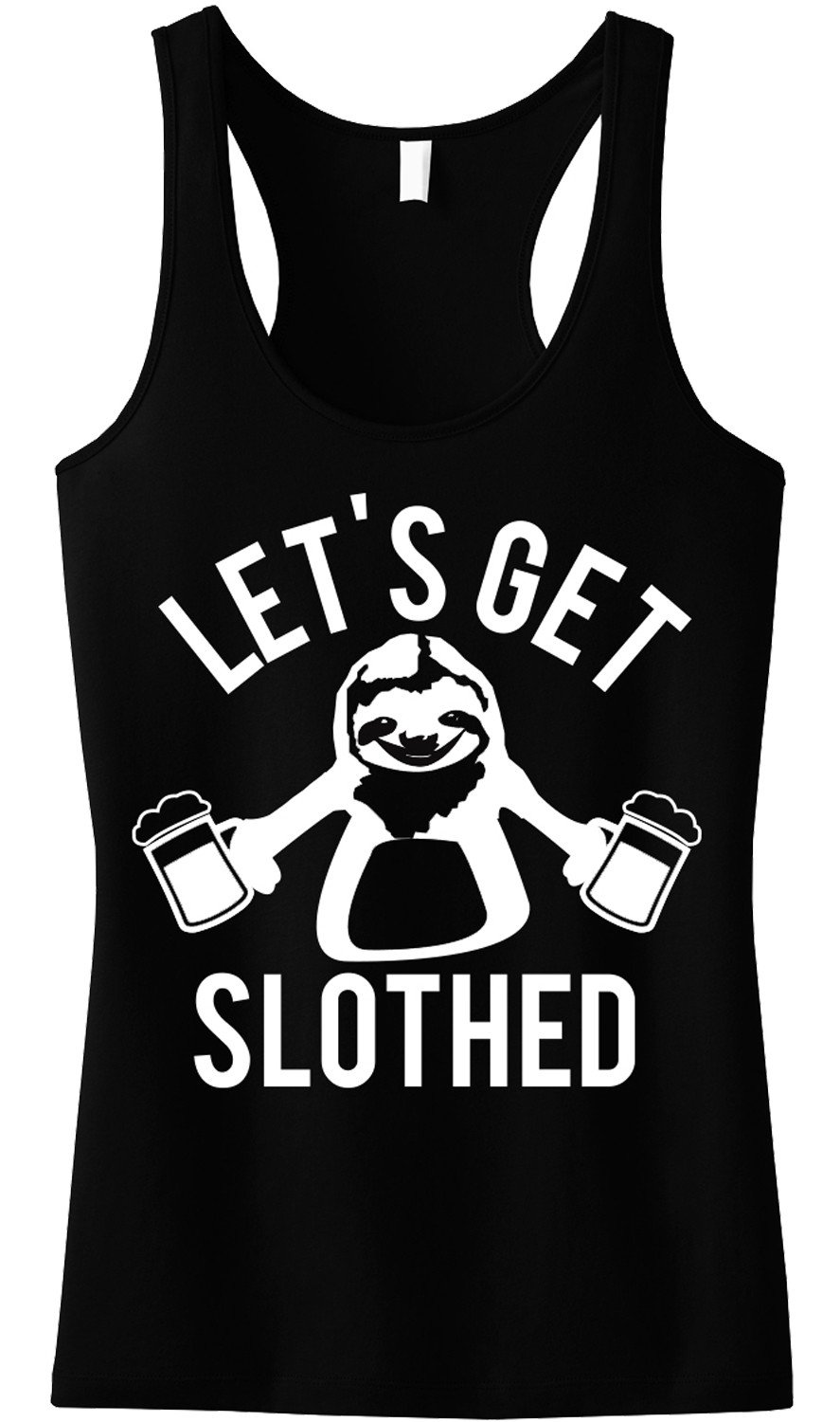 A vibrant tank top featuring the slogan 'Let's Get Slothed' in playful lettering, available in Aqua, Pink, and Black colors.