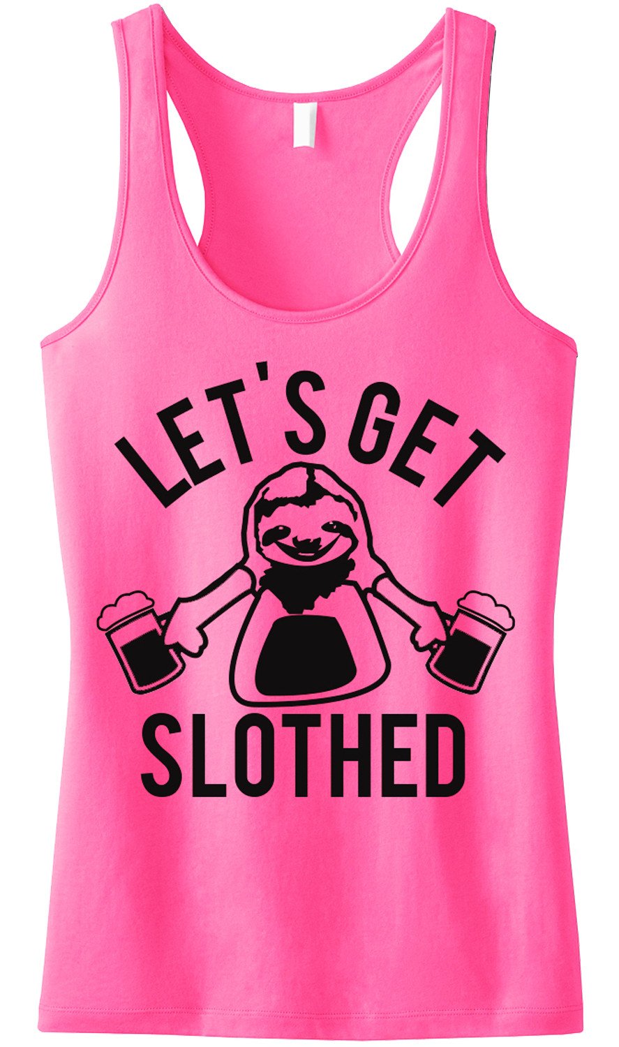 A vibrant tank top featuring the slogan 'Let's Get Slothed' in playful lettering, available in Aqua, Pink, and Black colors.