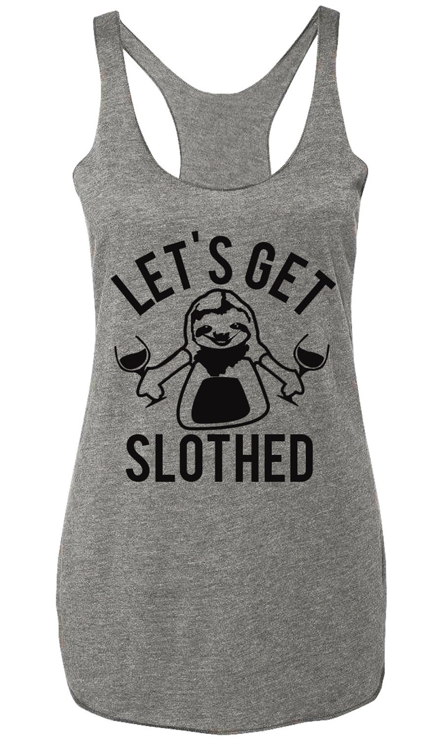 Heather gray tank top with 'LET'S GET SLOTHED' print, perfect for casual outings and relaxation.