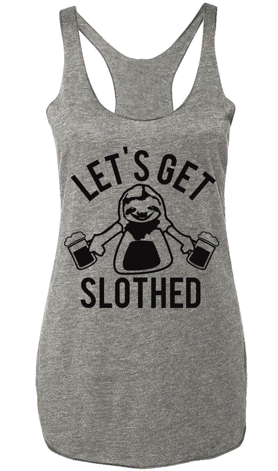 Heather gray tank top with 'LET'S GET SLOTHED' print, perfect for casual outings and relaxation.