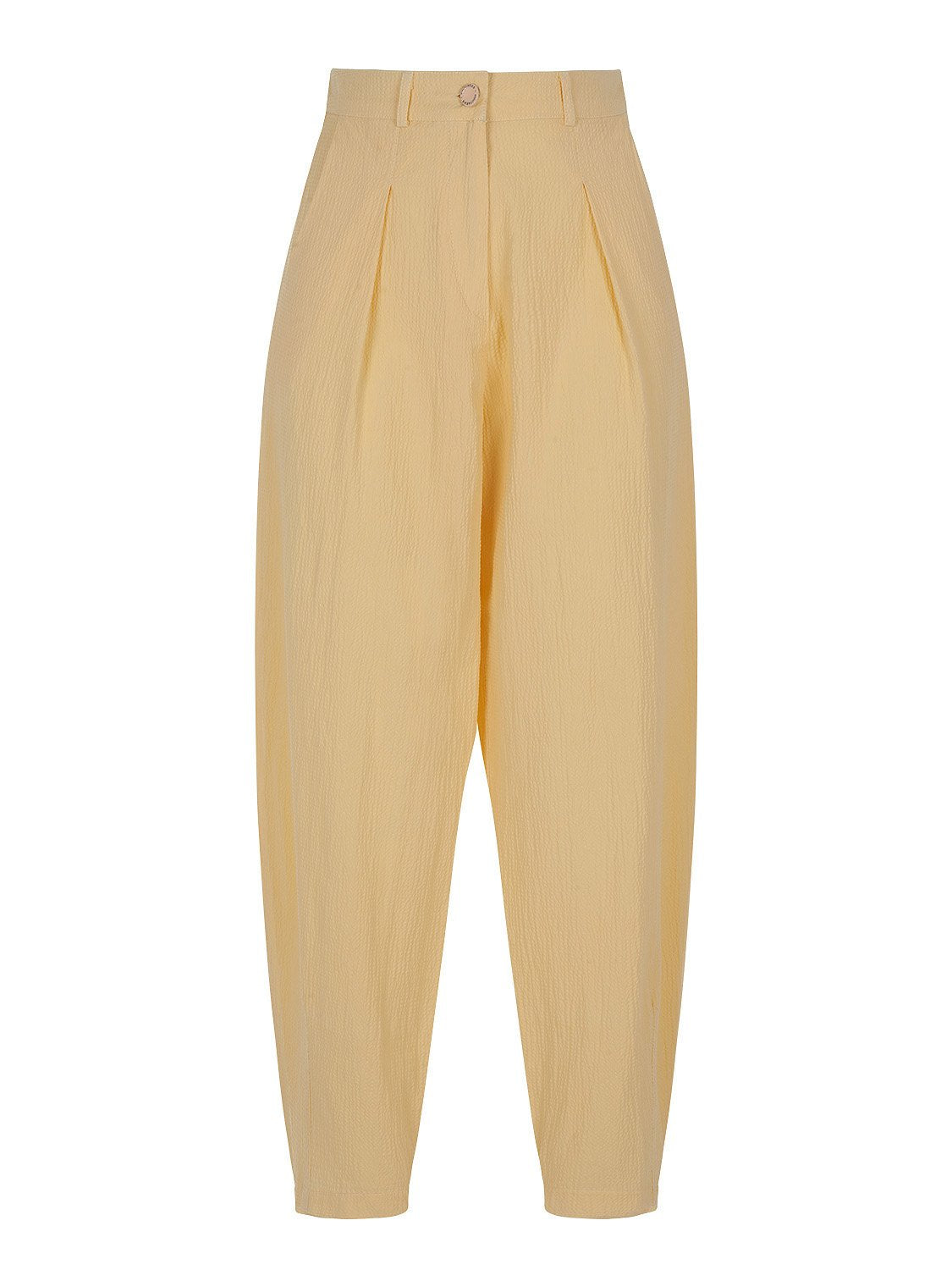 A pair of stylish high-waisted slouchy pants with darts, featuring side pockets and a front zip closure, showcasing a comfortable and chic design.