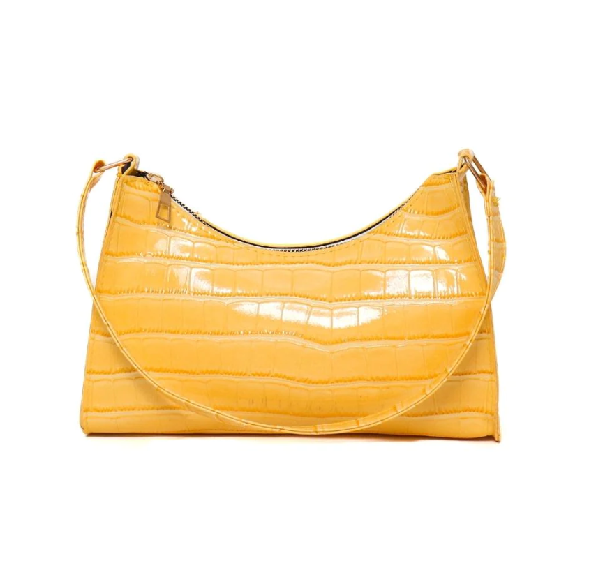 Stylish yellow small bag with crocodile print design made of high-quality faux leather.