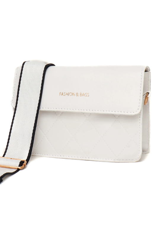 Elegant white small bag ART2273 made of synthetic leather with adjustable textile strap.