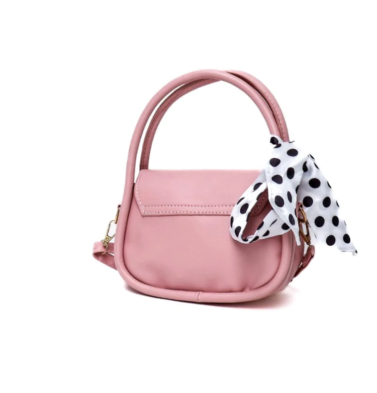 Elegant small pink bag with decorative bow, made of high-quality faux leather, featuring a snap button closure.