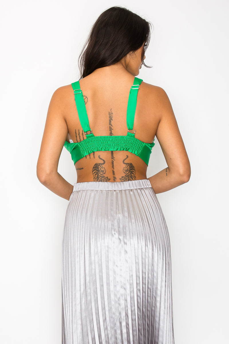 Smock V-neck Satin Bra Top in Kelly Green with deep V-neckline and adjustable straps, showcasing a stylish cropped design.