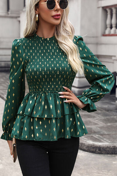 A stylish Smocked Flounce Sleeve Layered Blouse featuring elegant smocked detailing and flounce sleeves, perfect for various occasions.