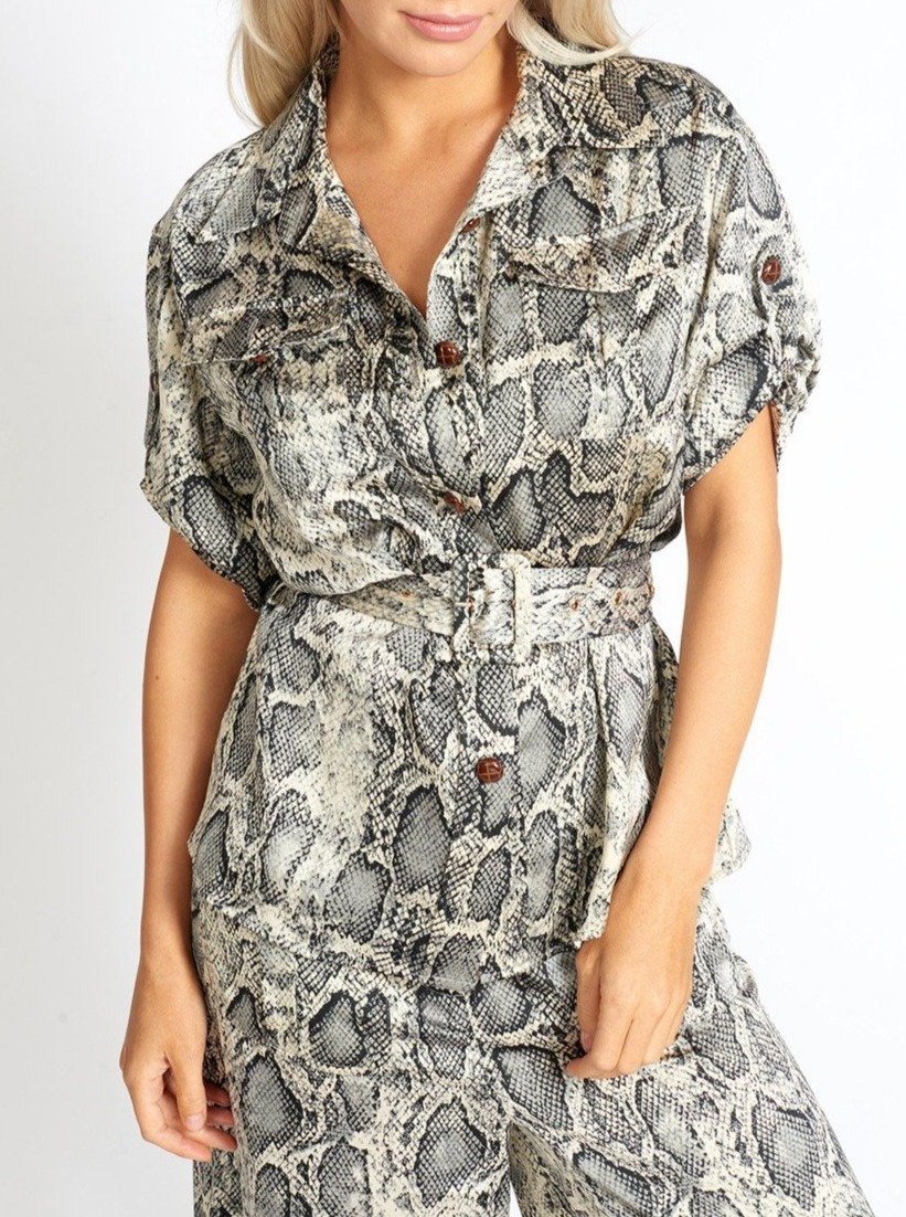 A stylish Snake A Pose Button-up Shirt Top featuring a chic snake print, V neckline, and roll-up sleeves with a detachable waist belt.