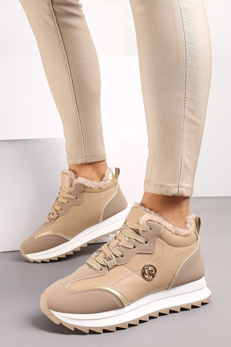 Khaki sneakers with decorative details, featuring a raised sole, round toe, and warm faux fur lining.