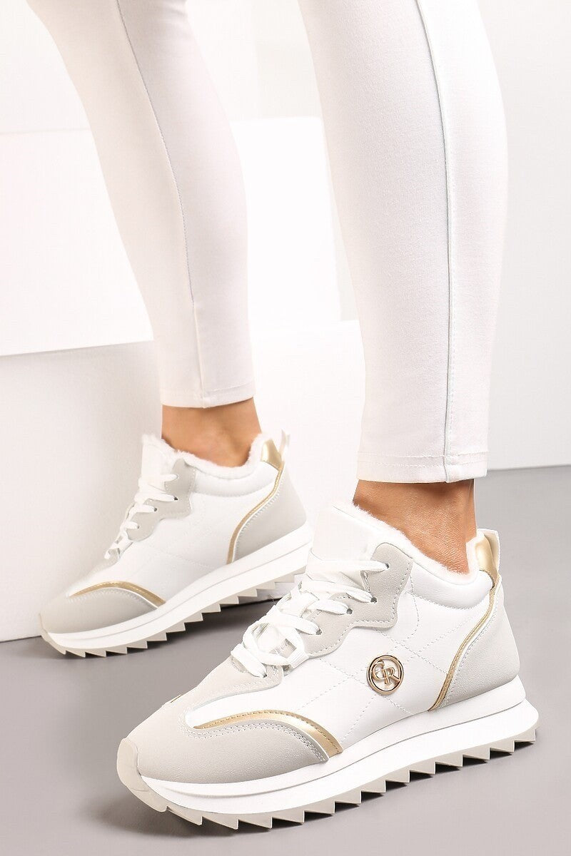 Stylish white sneakers with decorative details, round toe, laces, and warm faux fur lining.