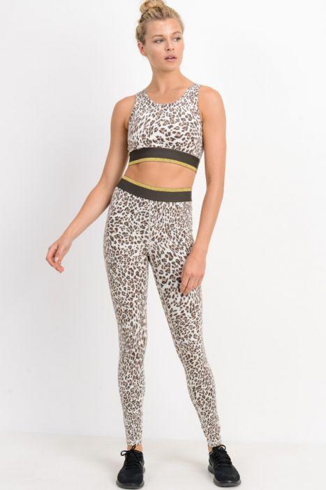 Snow Jaguar Highwaist Gold-Striped Band Leggings featuring an exclusive print with a brown and gold elasticized waistband.