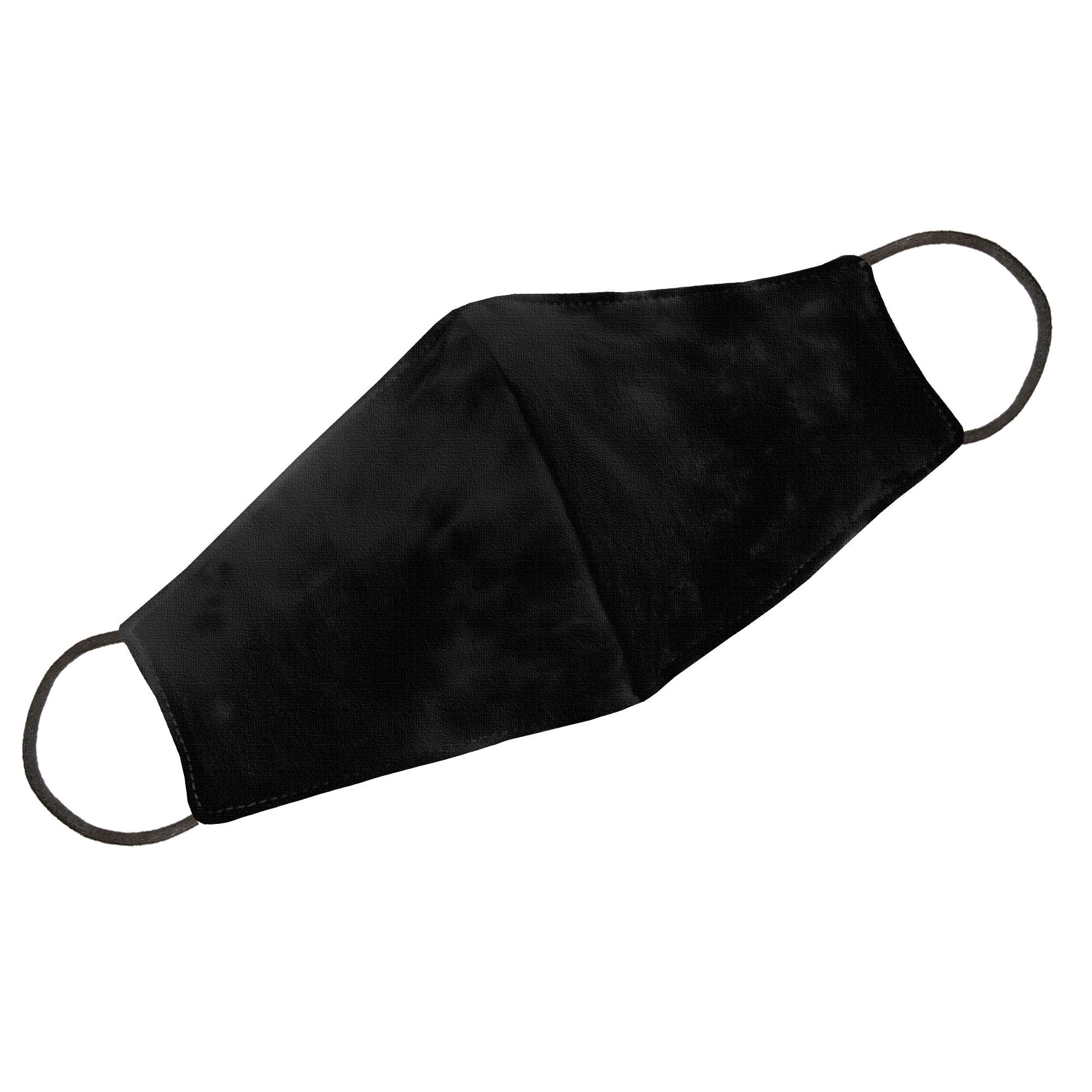 Solid black face mask displayed on a neutral background, showcasing its sleek design and adjustable ear loops.