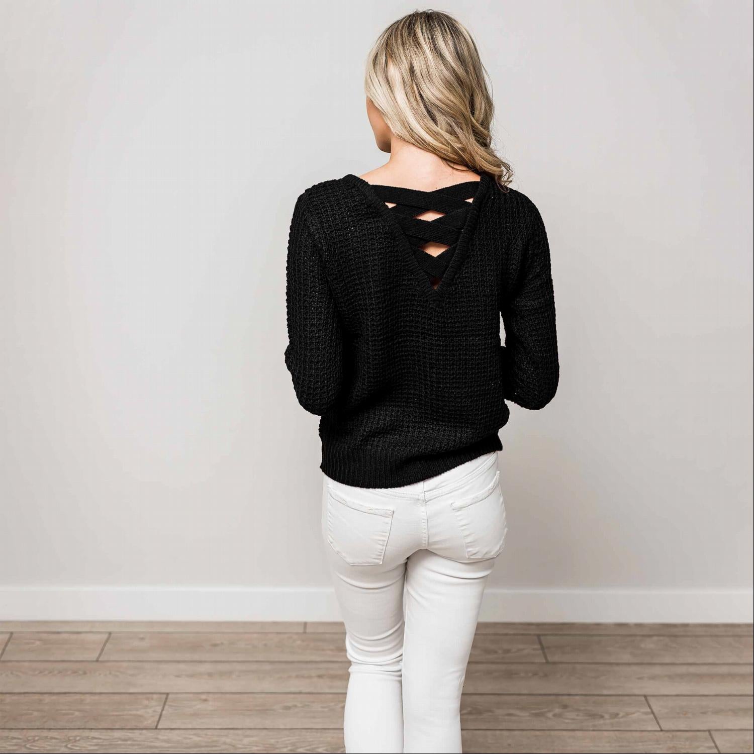 A stylish Solid Lace Up Back Knit Sweater Top featuring a criss-cross back design and elegant cut-out details, perfect for a chic look.