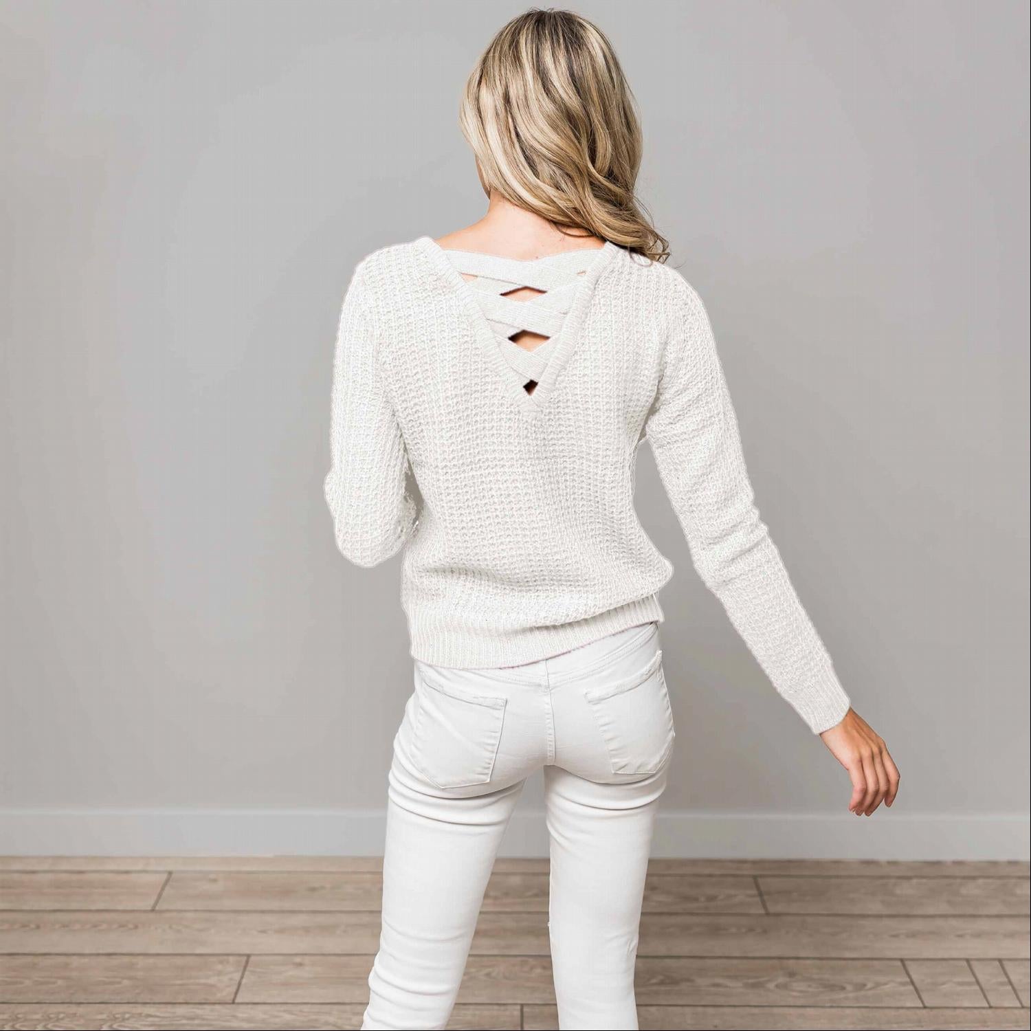 A stylish Solid Lace Up Back Knit Sweater Top featuring a criss-cross back design and elegant cut-out details, perfect for a chic look.