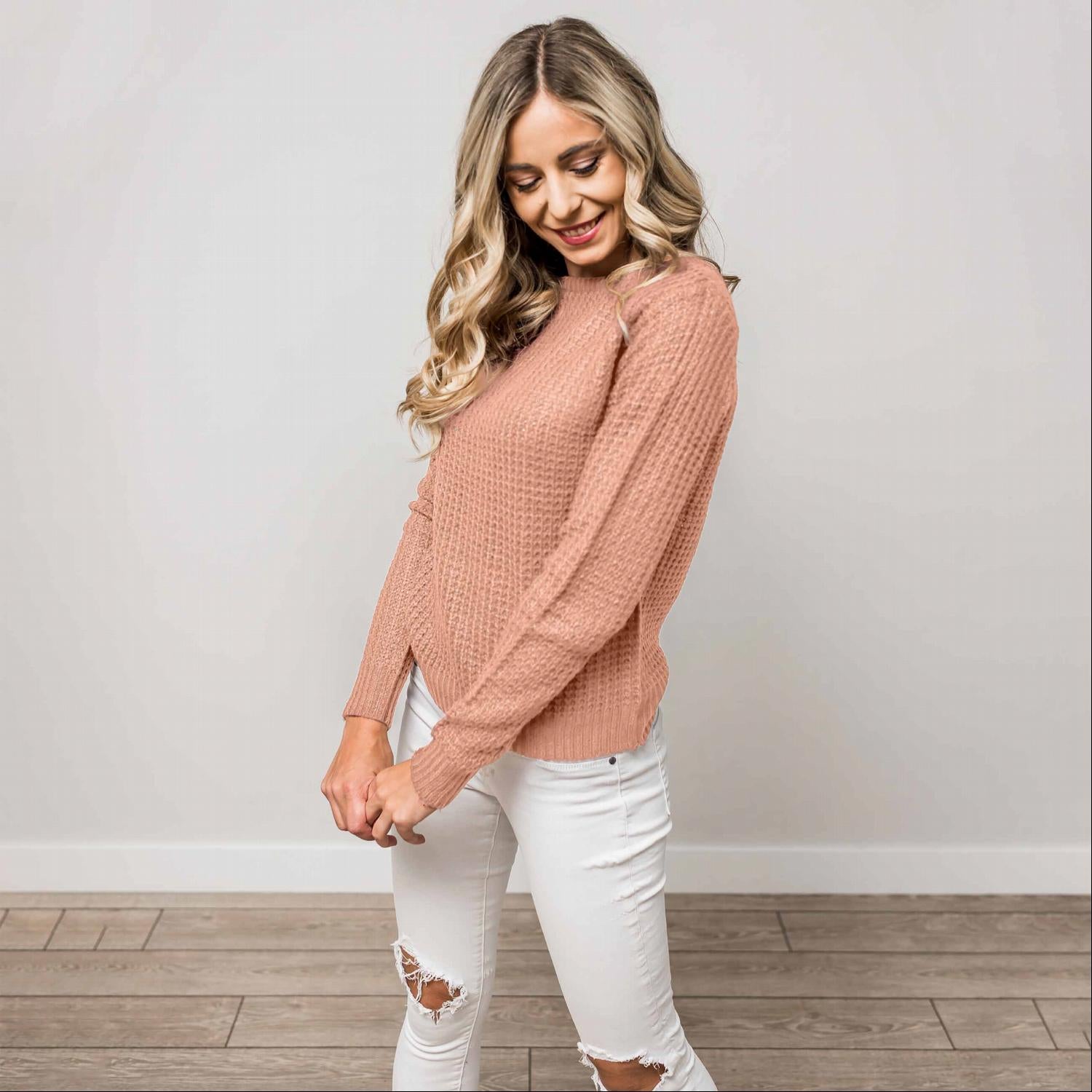 A stylish Solid Lace Up Back Knit Sweater Top featuring a criss-cross back design and elegant cut-out details, perfect for a chic look.