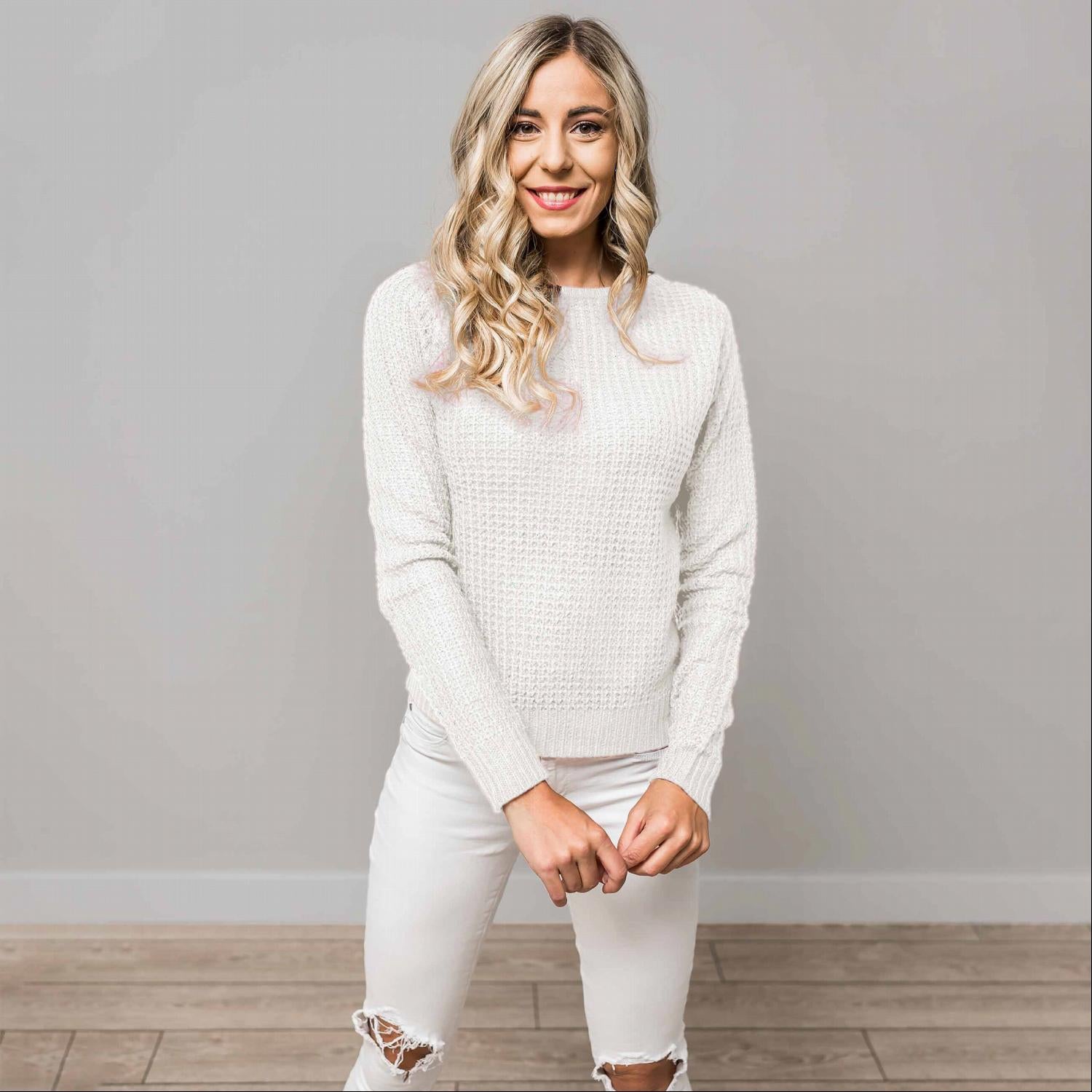 A stylish Solid Lace Up Back Knit Sweater Top featuring a criss-cross back design and elegant cut-out details, perfect for a chic look.