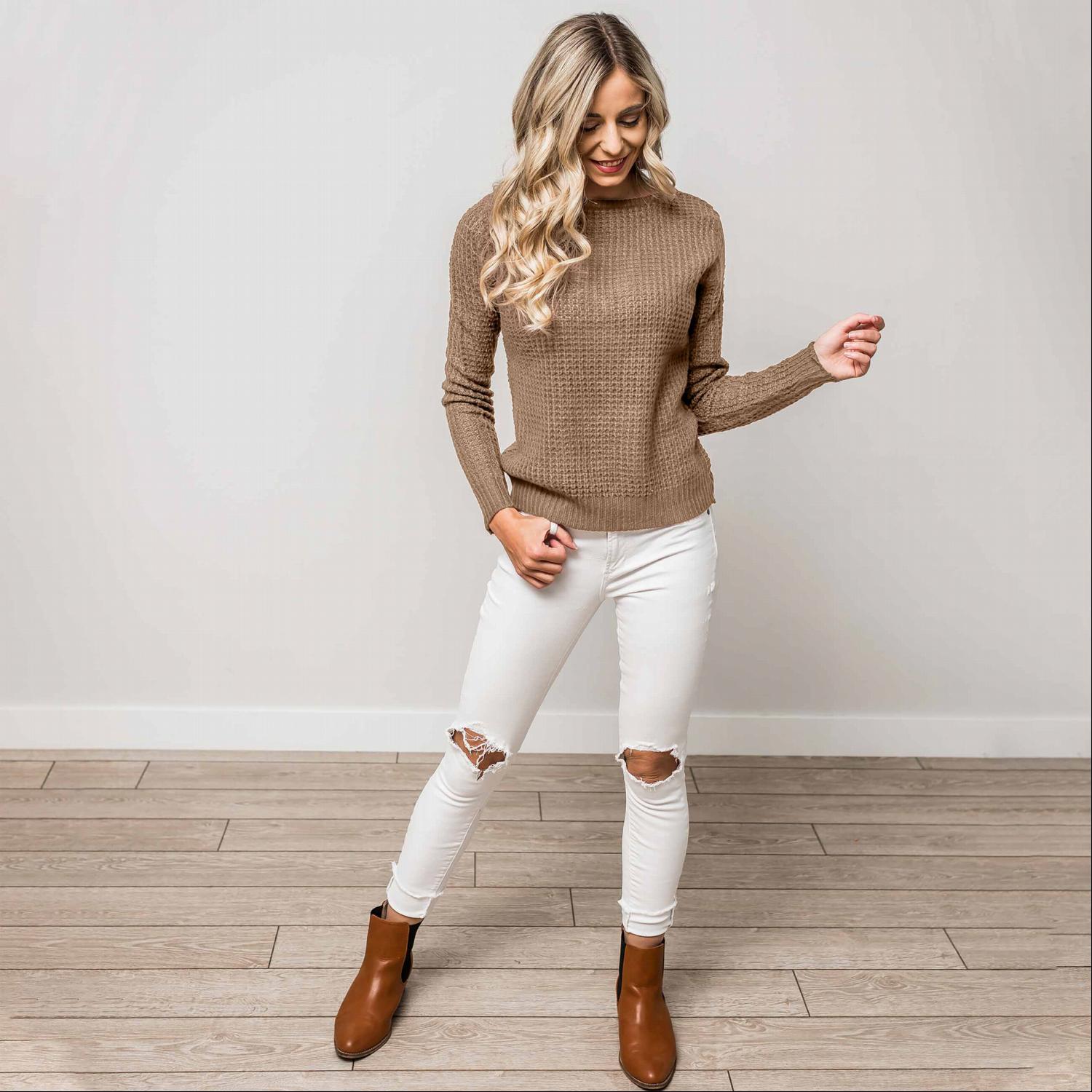 A stylish Solid Lace Up Back Knit Sweater Top featuring a criss-cross back design and elegant cut-out details, perfect for a chic look.