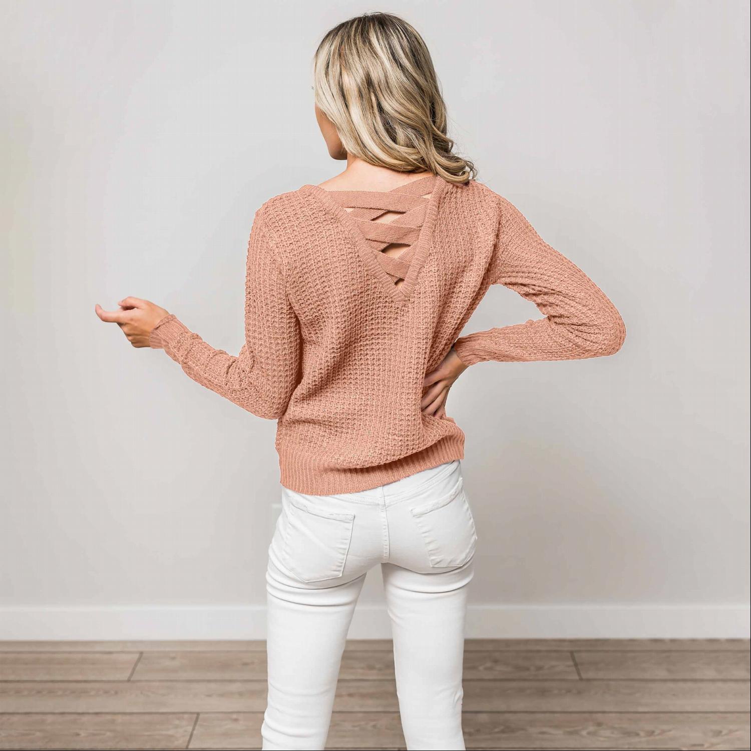 A stylish Solid Lace Up Back Knit Sweater Top featuring a criss-cross back design and elegant cut-out details, perfect for a chic look.