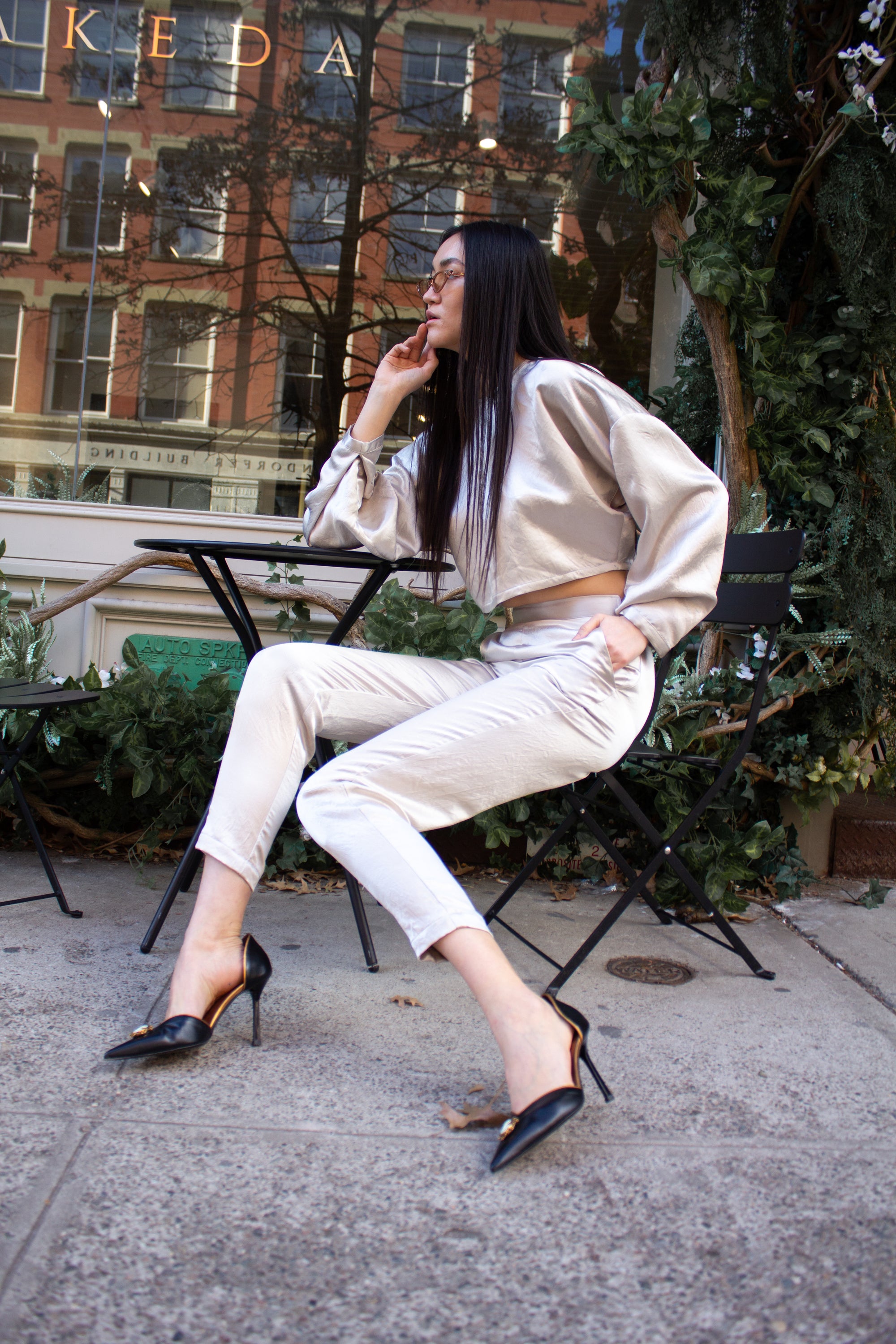 Sophie Beige Pants made from luxurious Japanese Silk, showcasing a chic and comfortable design.