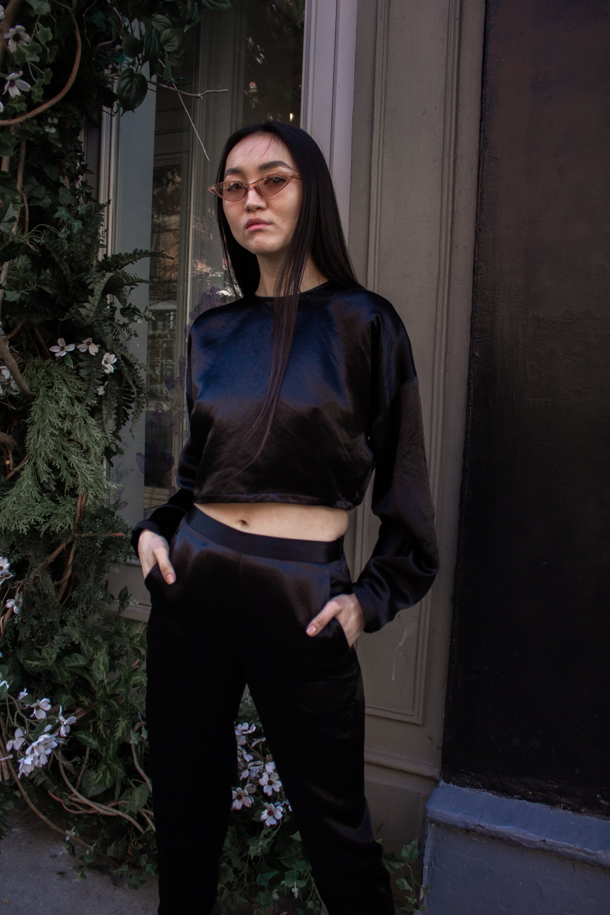 Sophie Black Crop Top made from 100% Japanese silk, showcasing its elegant design and luxurious texture.