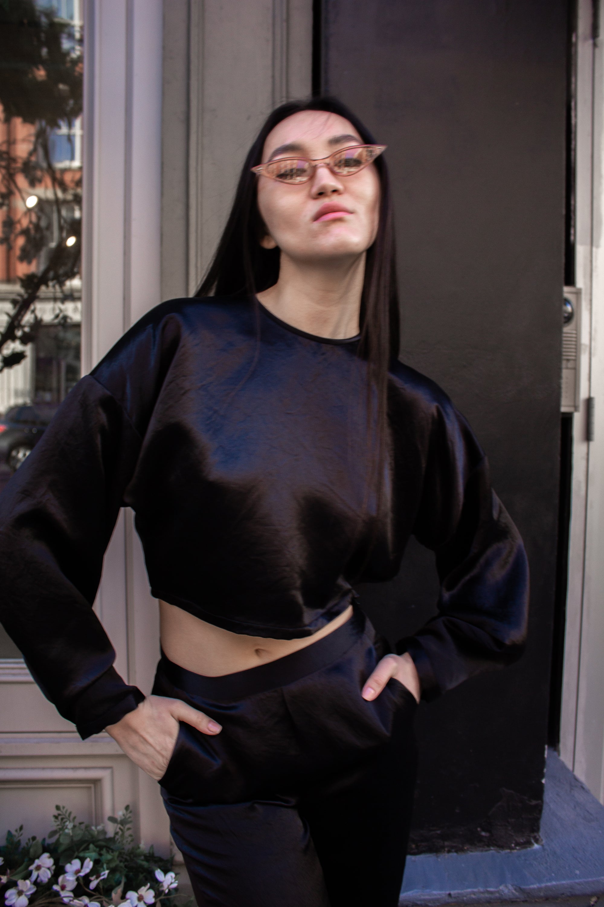 Sophie Black Crop Top made from 100% Japanese silk, showcasing its elegant design and luxurious texture.