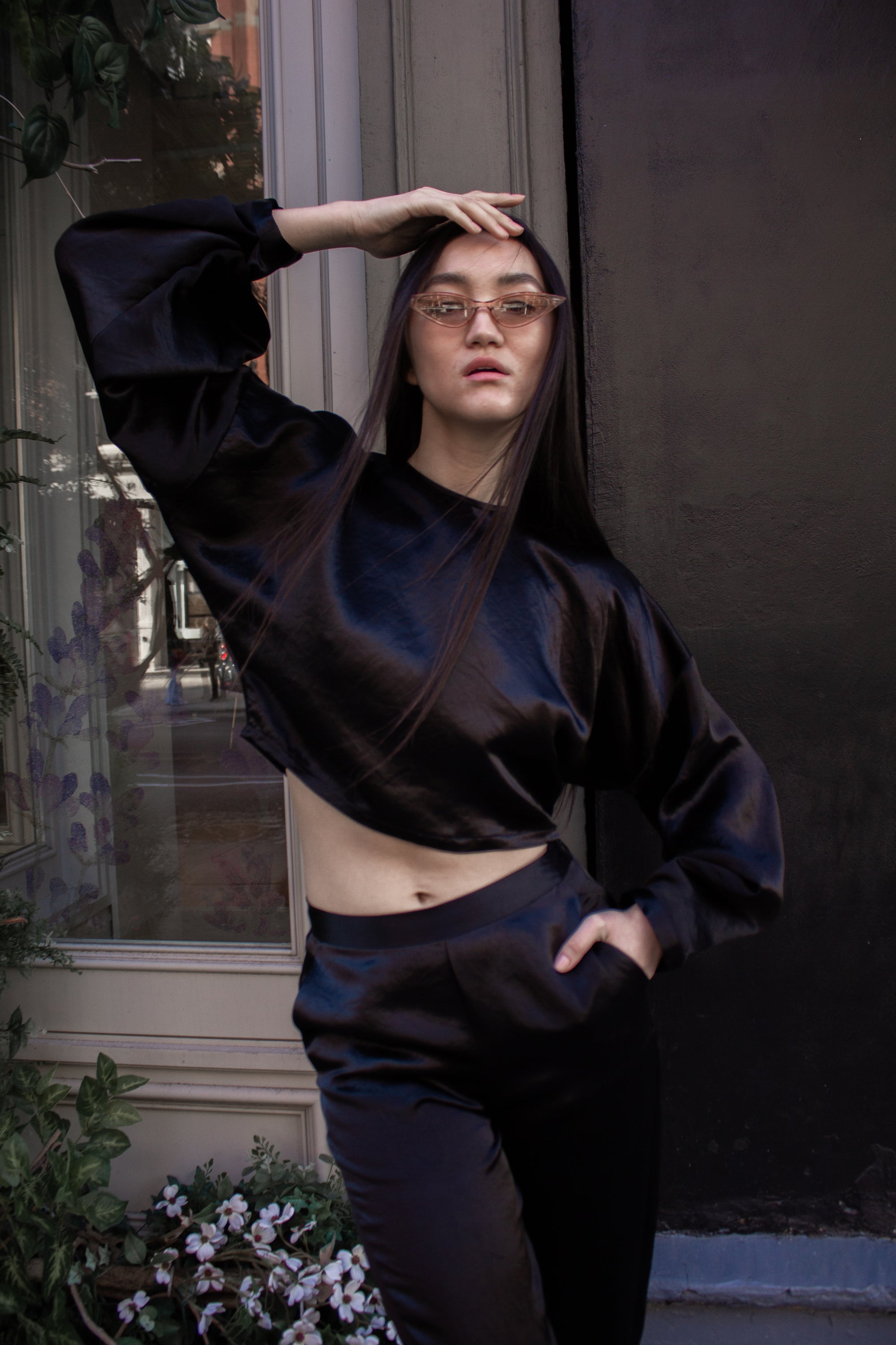 Sophie Black Crop Top made from 100% Japanese silk, showcasing its elegant design and luxurious texture.