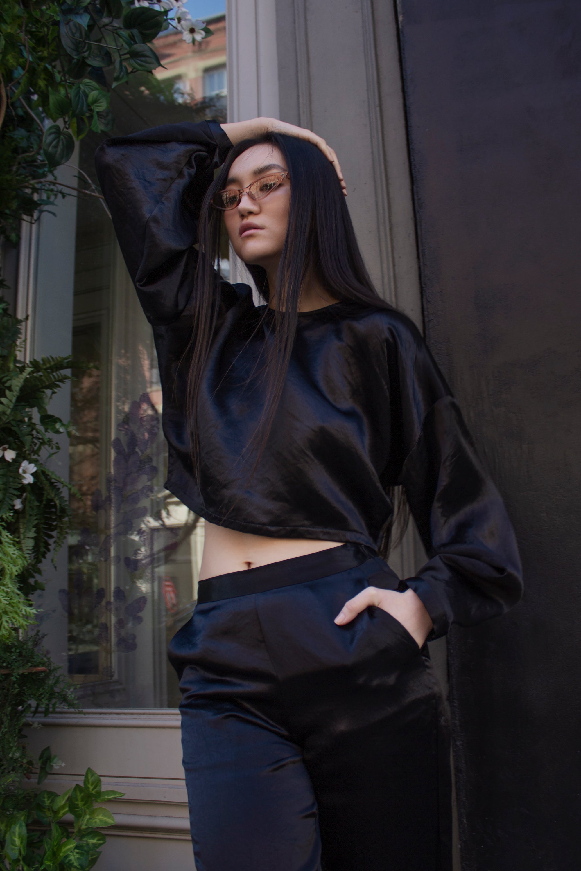 Sophie Black Crop Top made from 100% Japanese silk, showcasing its elegant design and luxurious texture.