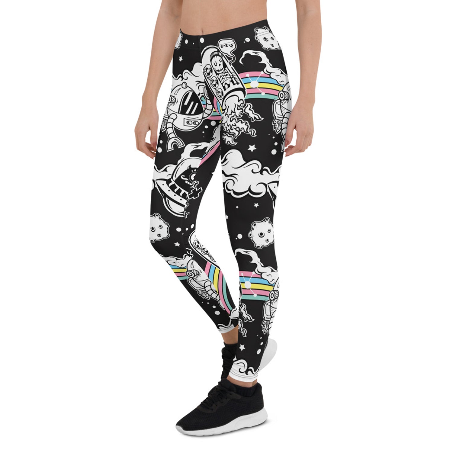 A pair of stylish Space Leggings for Women featuring vibrant graphic designs, perfect for workouts and casual wear.