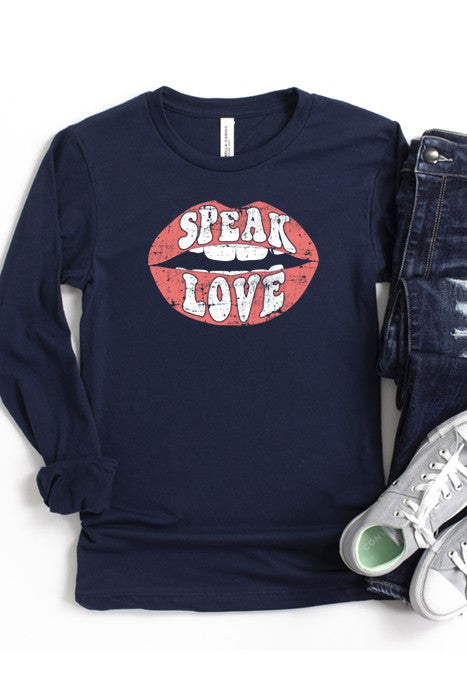 Speak Love Long Sleeve Tee in soft airlume cotton, featuring a unisex fit and stylish design.