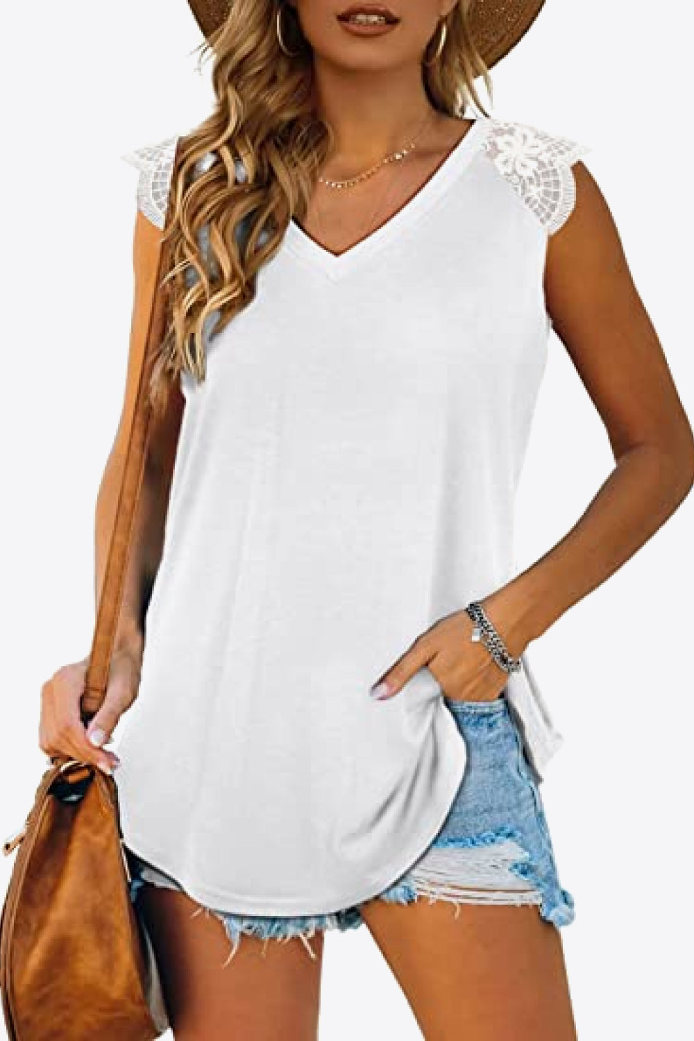 Spliced Lace Curved Hem Blouse featuring a V-neck and cap sleeves, showcasing a stylish design in a solid color.