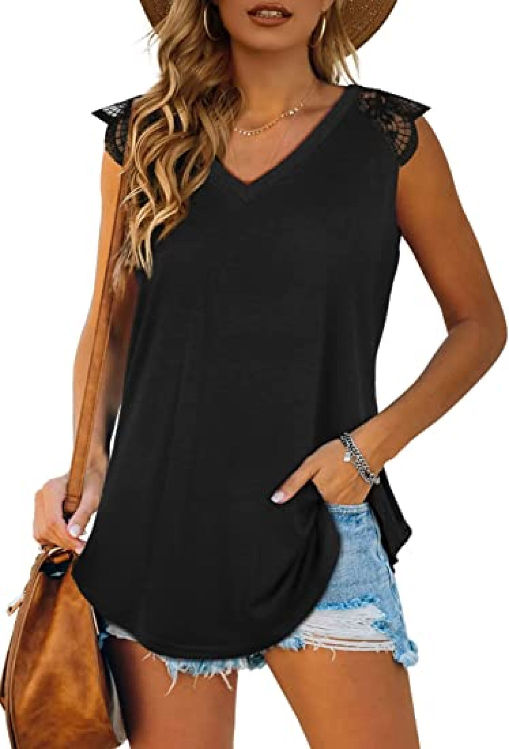 Spliced Lace Curved Hem Blouse featuring a V-neck and cap sleeves, showcasing a stylish design in a solid color.