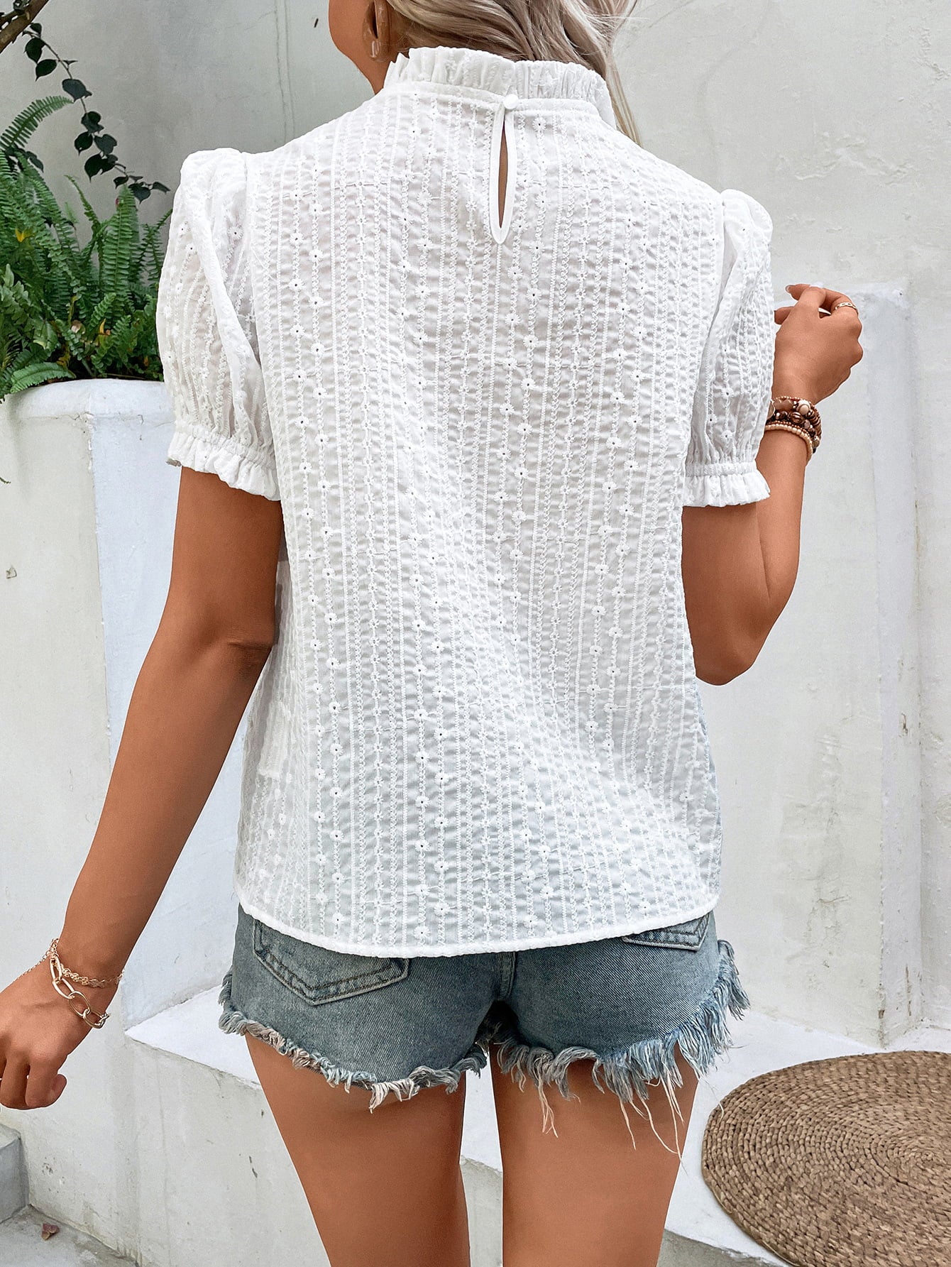 Spliced Lace Short Sleeve Top featuring chic lace and frill details, round neck, and puff sleeves in a solid pattern.