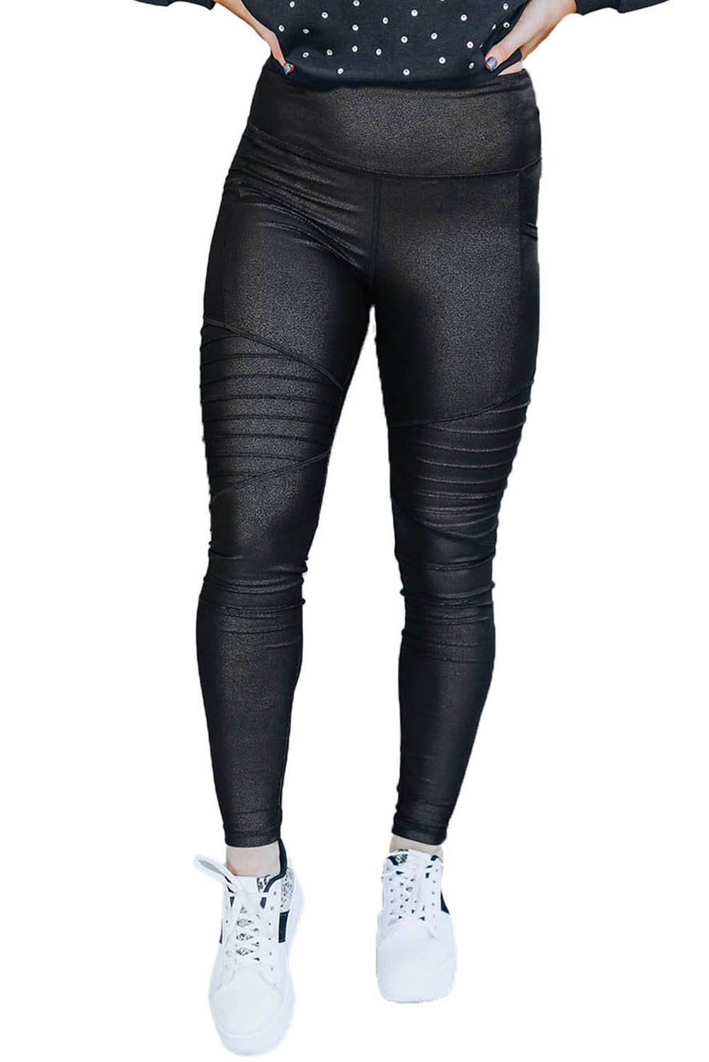 A pair of black high-waisted foil motto leggings featuring a chic splicing design and side pockets, perfect for a stylish and comfortable look.