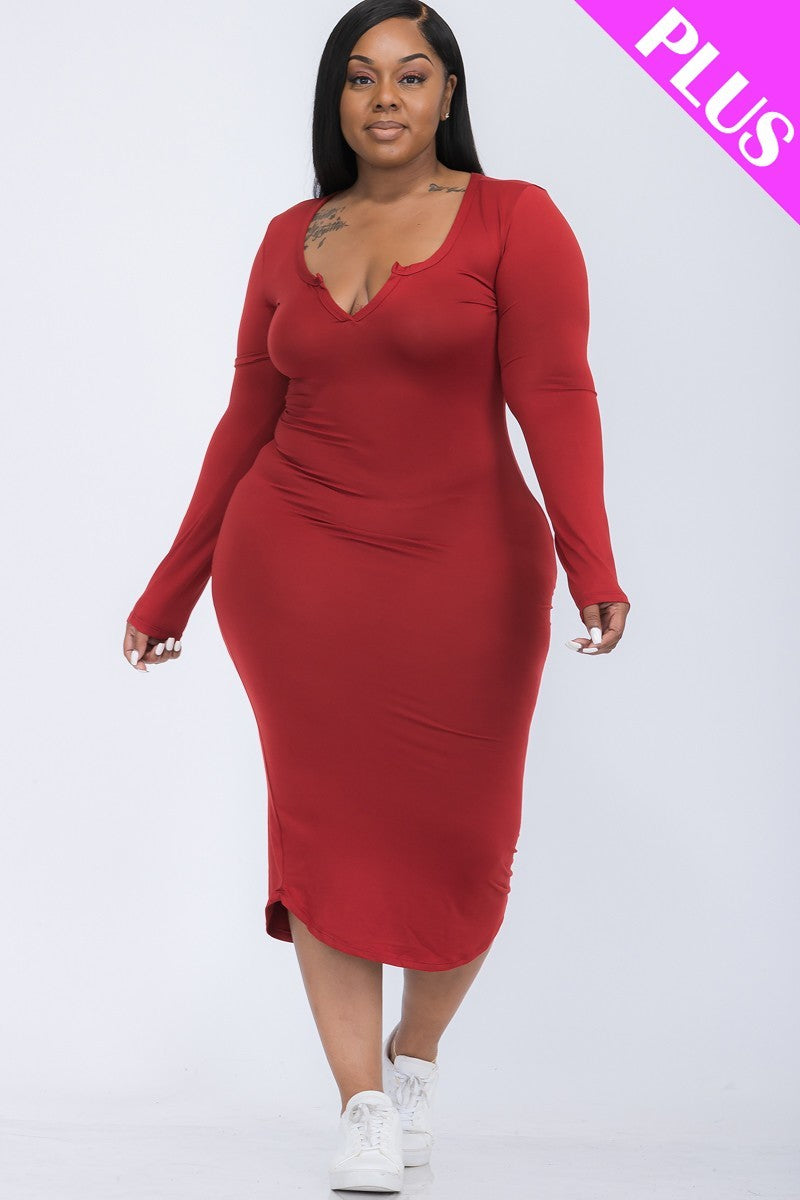 A stylish Plus Size Split Neck Long Sleeve Midi Dress in rich Coffee color, featuring a split neck design and long sleeves, perfect for various occasions.