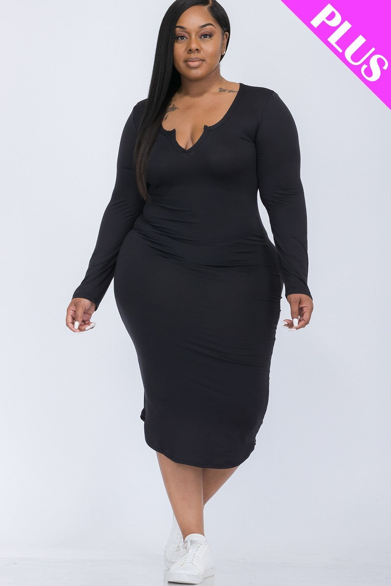 A stylish Plus Size Split Neck Long Sleeve Midi Dress in rich Coffee color, featuring a split neck design and long sleeves, perfect for various occasions.