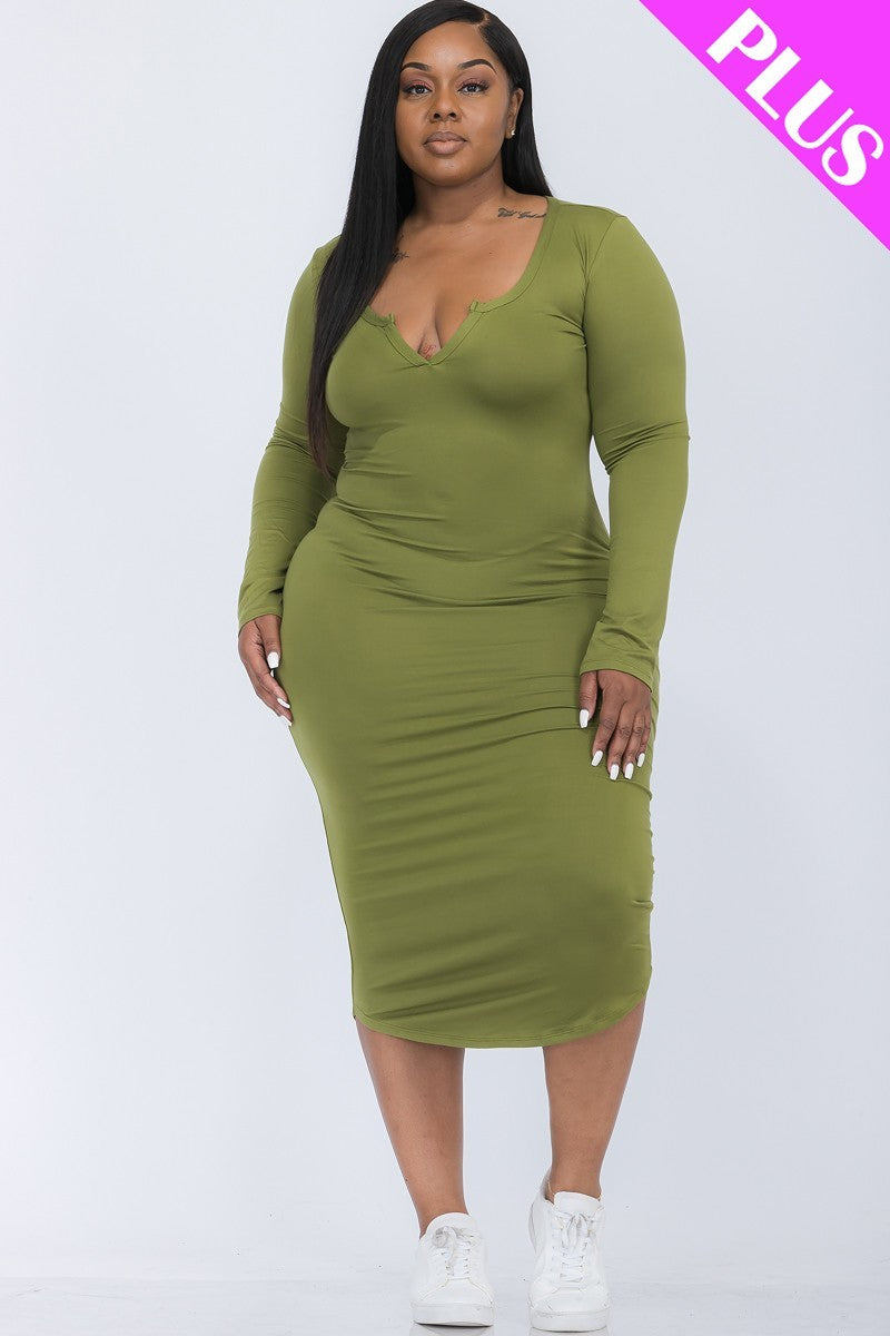 A stylish Plus Size Split Neck Long Sleeve Midi Dress in rich Coffee color, featuring a split neck design and long sleeves, perfect for various occasions.