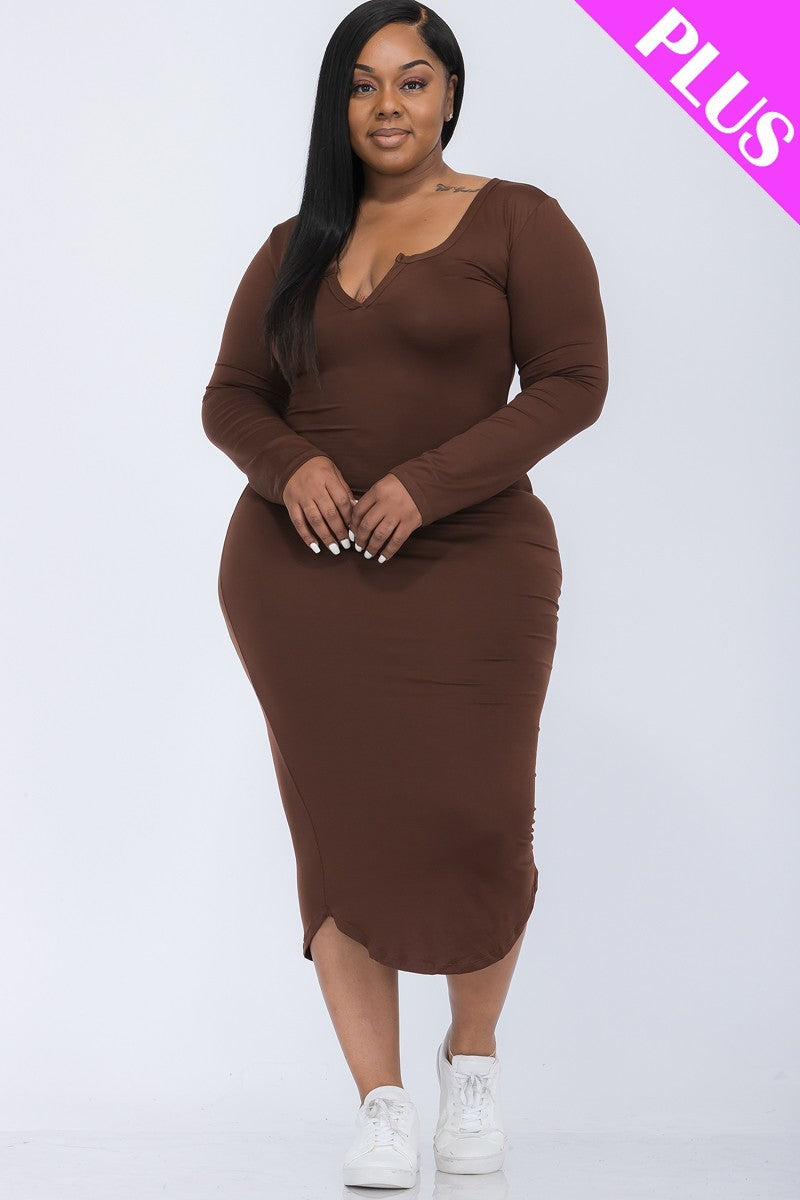 A stylish Plus Size Split Neck Long Sleeve Midi Dress in rich Coffee color, featuring a split neck design and long sleeves, perfect for various occasions.