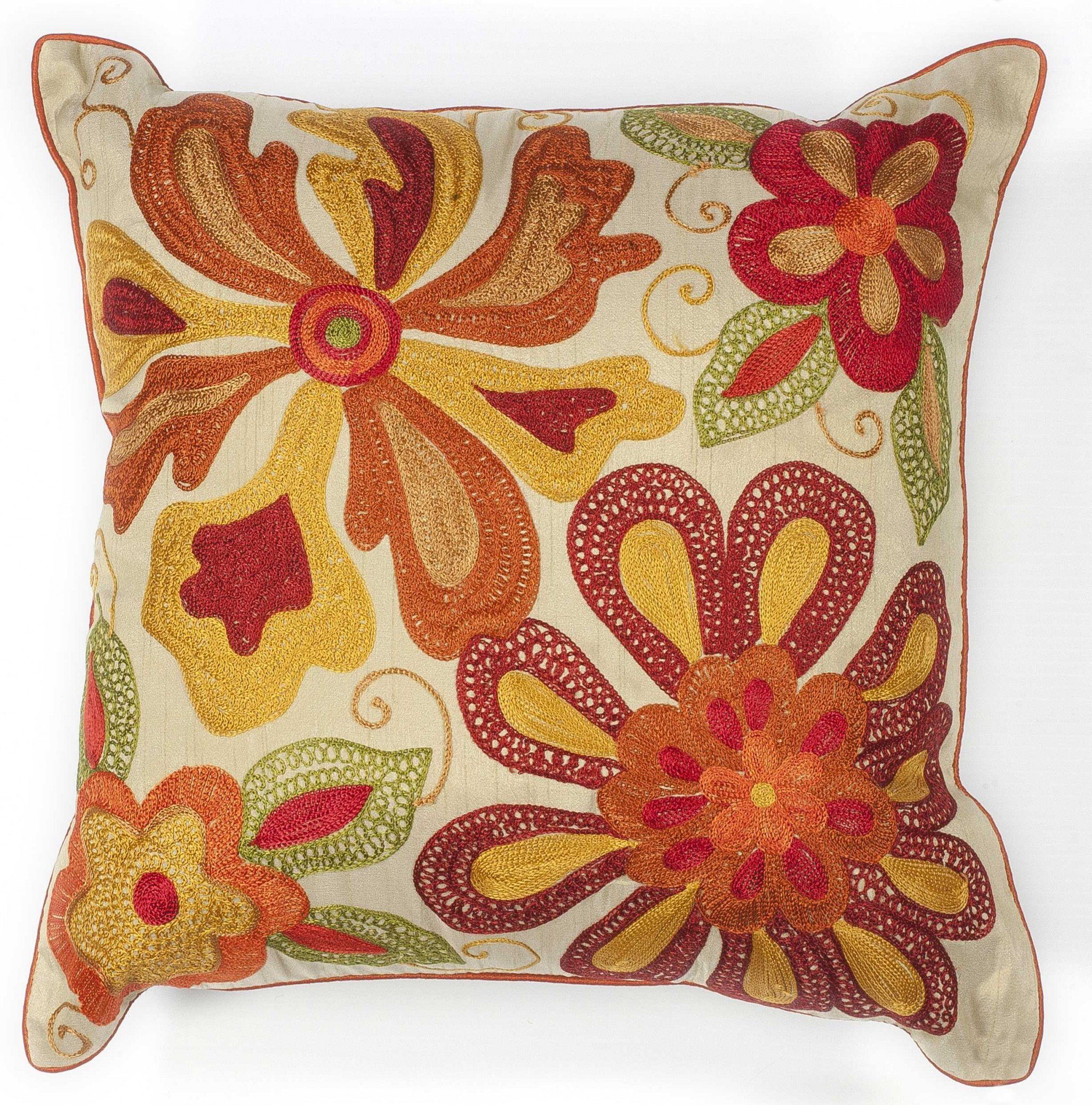 Square pillow with red and orange floral embroidery and beading, featuring piped edges and a hidden zipper closure.