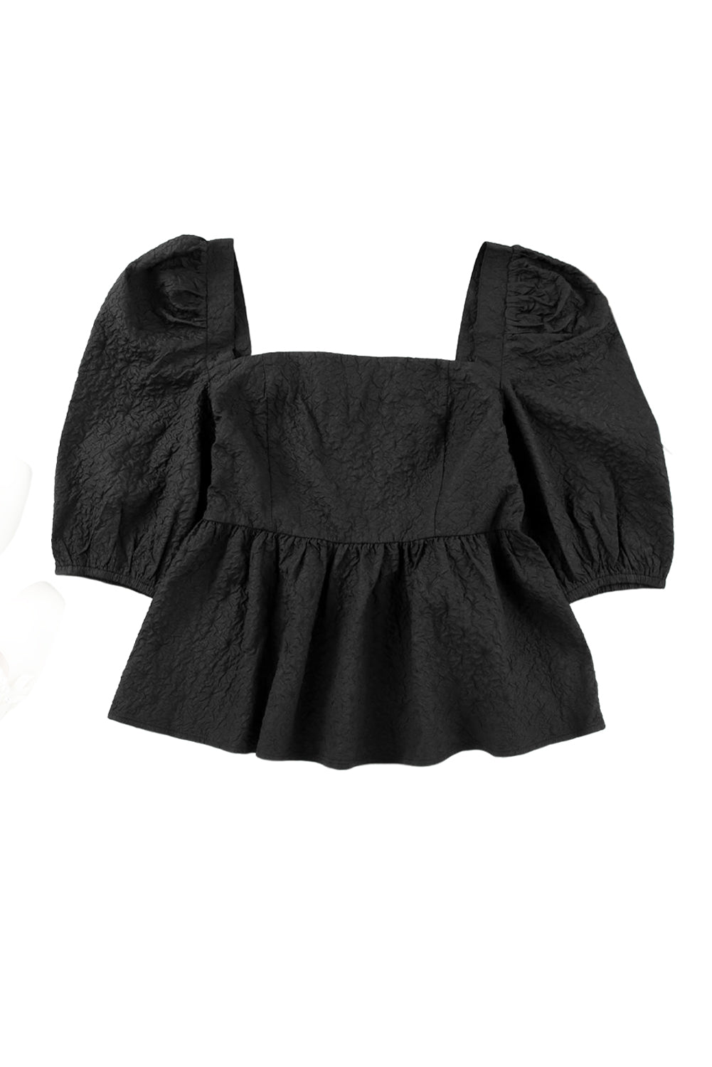 A stylish square neck blouse with puff sleeves, featuring a peplum design, perfect for casual and formal occasions.