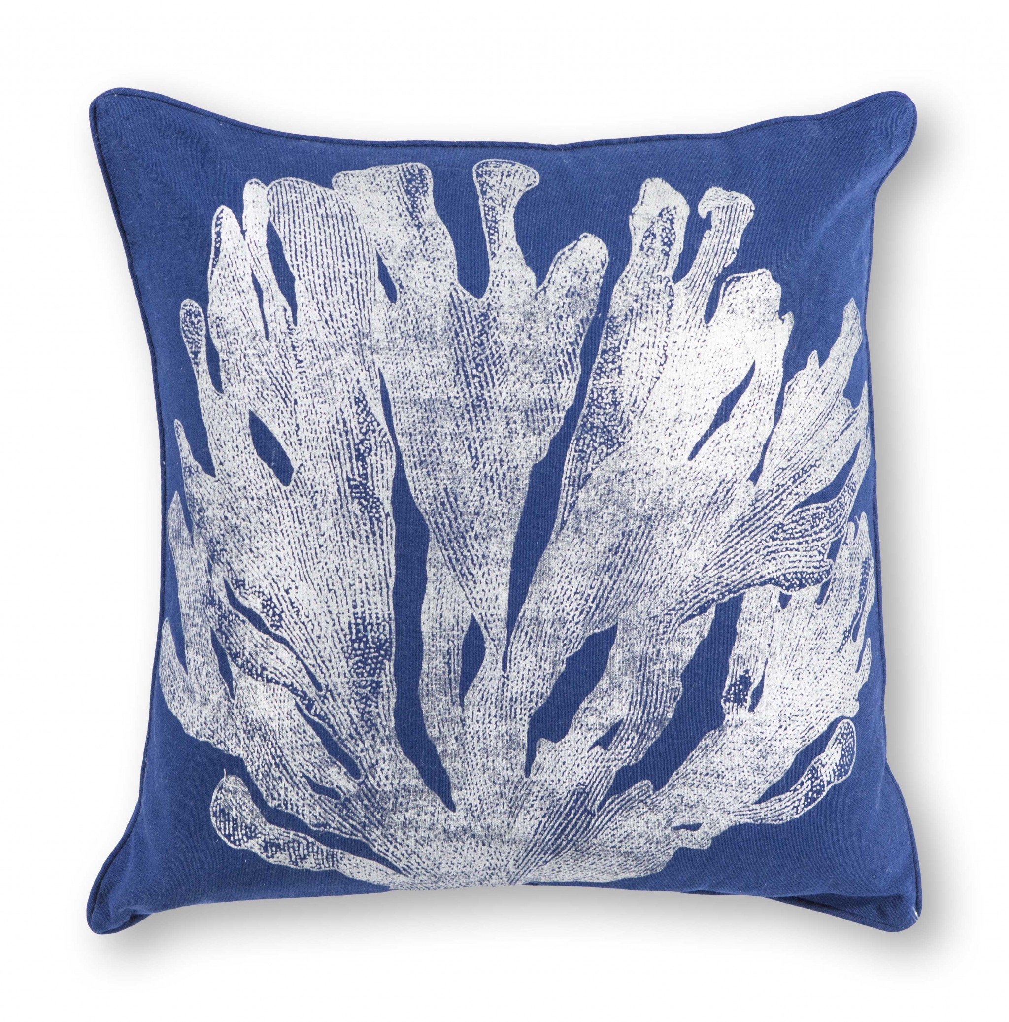 Square Tropical Blue and Silver Coral Accent Pillow with foil print design and solid blue back, showcasing pipped edges and hidden zipper.