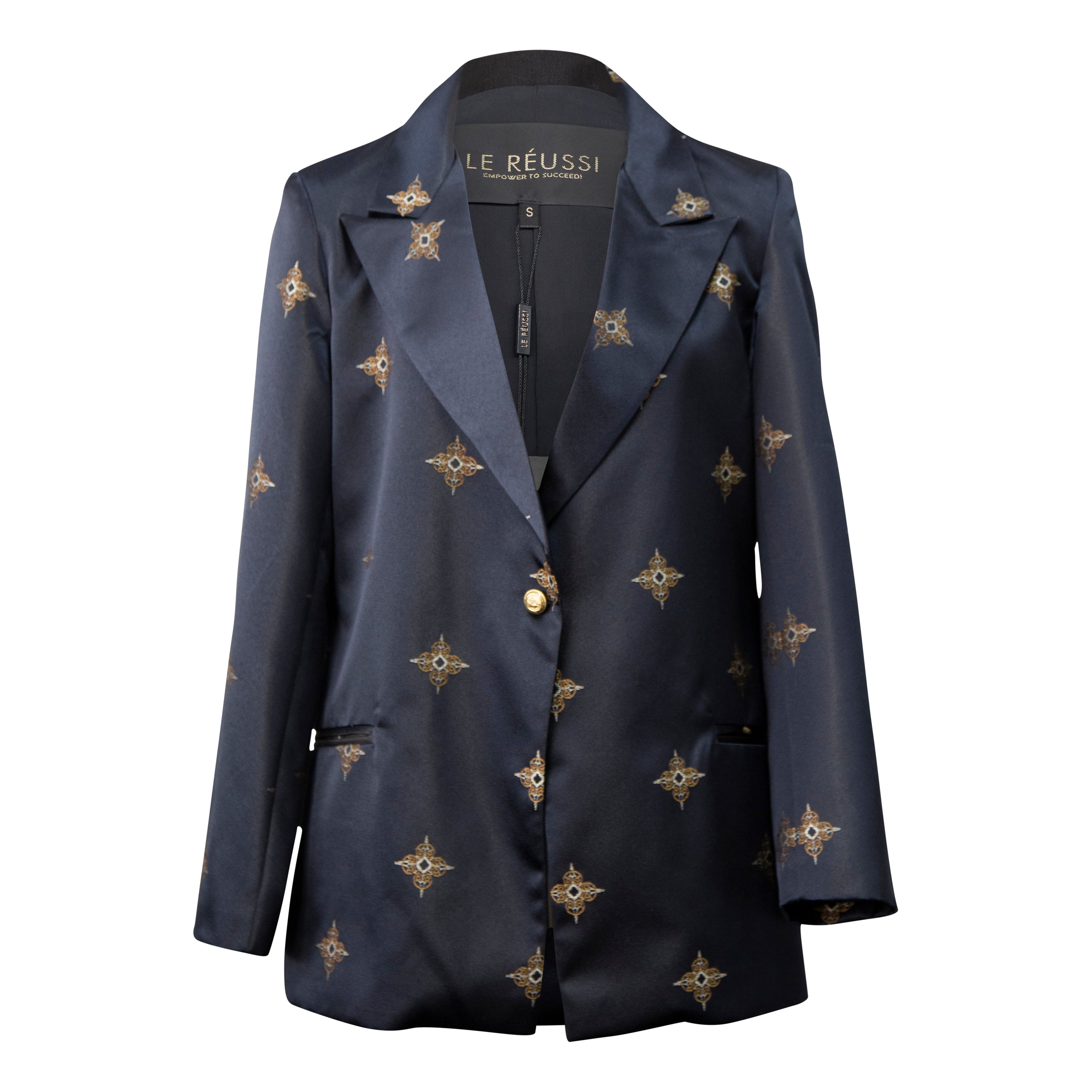 Stylish black and gold blazer with tailored silhouette and structured shoulders, perfect for modern fashion.