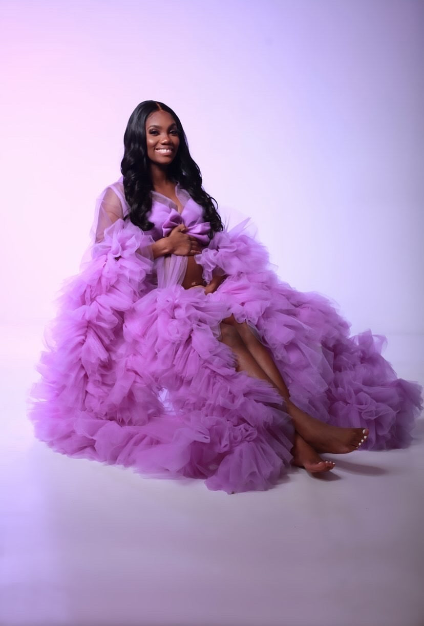 A beautiful handmade tulle robe in various colors, showcasing its elegant design and comfortable fit, perfect for photoshoots and special occasions.