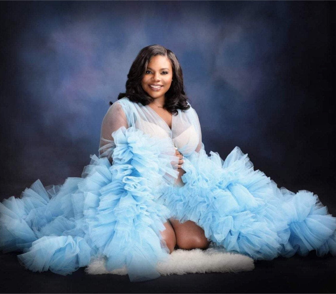 A beautiful handmade tulle robe in various colors, showcasing its elegant design and comfortable fit, perfect for photoshoots and special occasions.