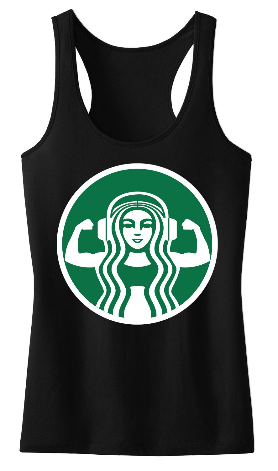 STARBUFF Headphones Tank Top Racerback featuring a stylish design with headphones and flexing figure, available in various sizes.