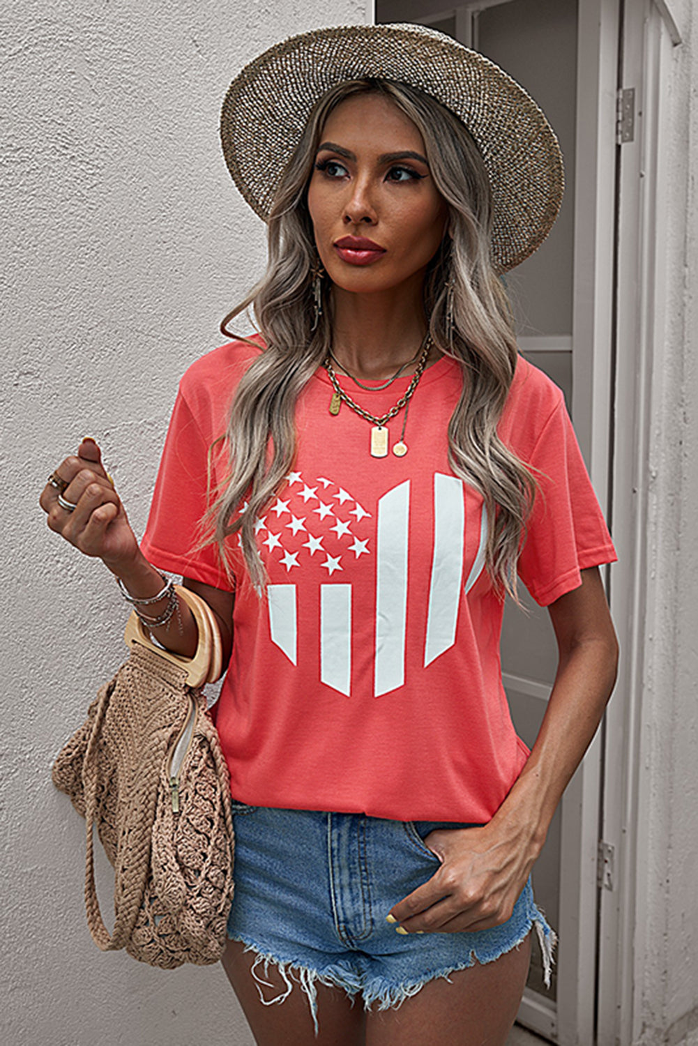 Stars and Stripes Graphic Tee Shirt featuring a vibrant patriotic design with a round neck and short sleeves.