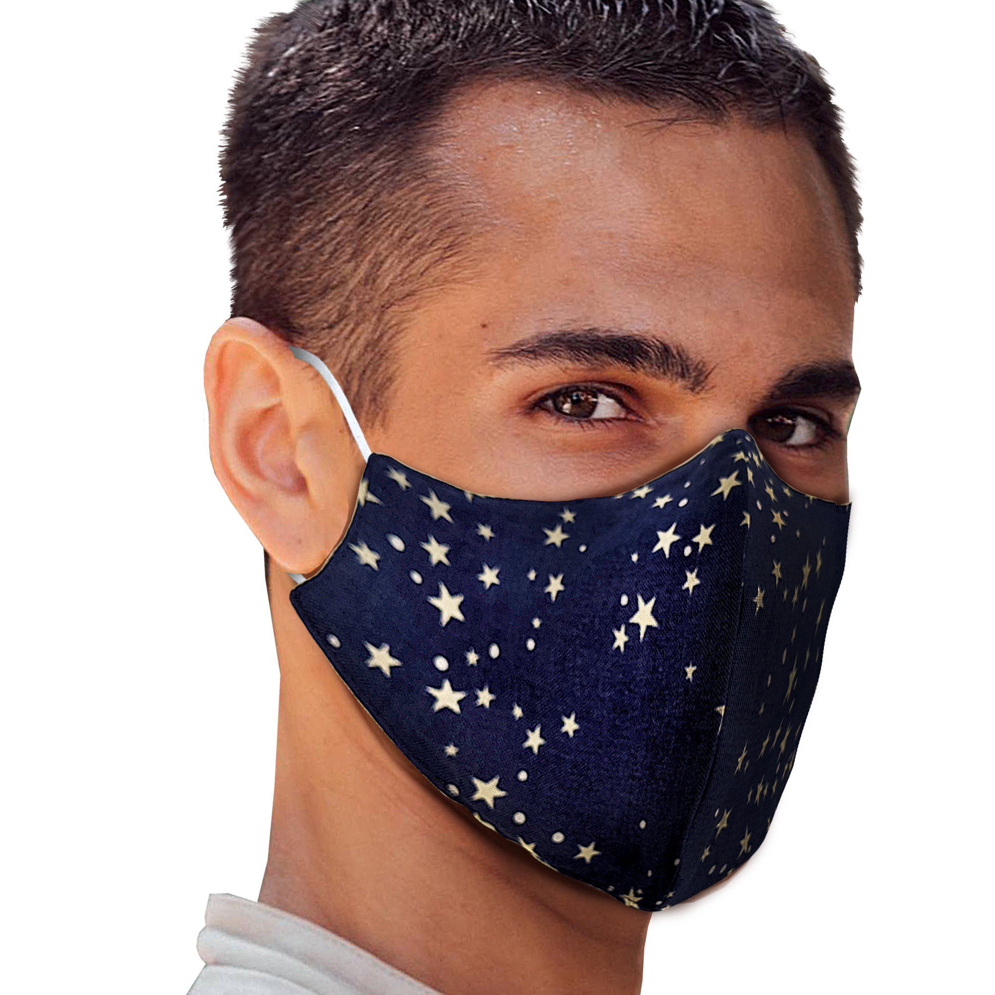 Stars Face Mask featuring a vibrant star pattern, designed for comfort and style, suitable for various activities and reusable.