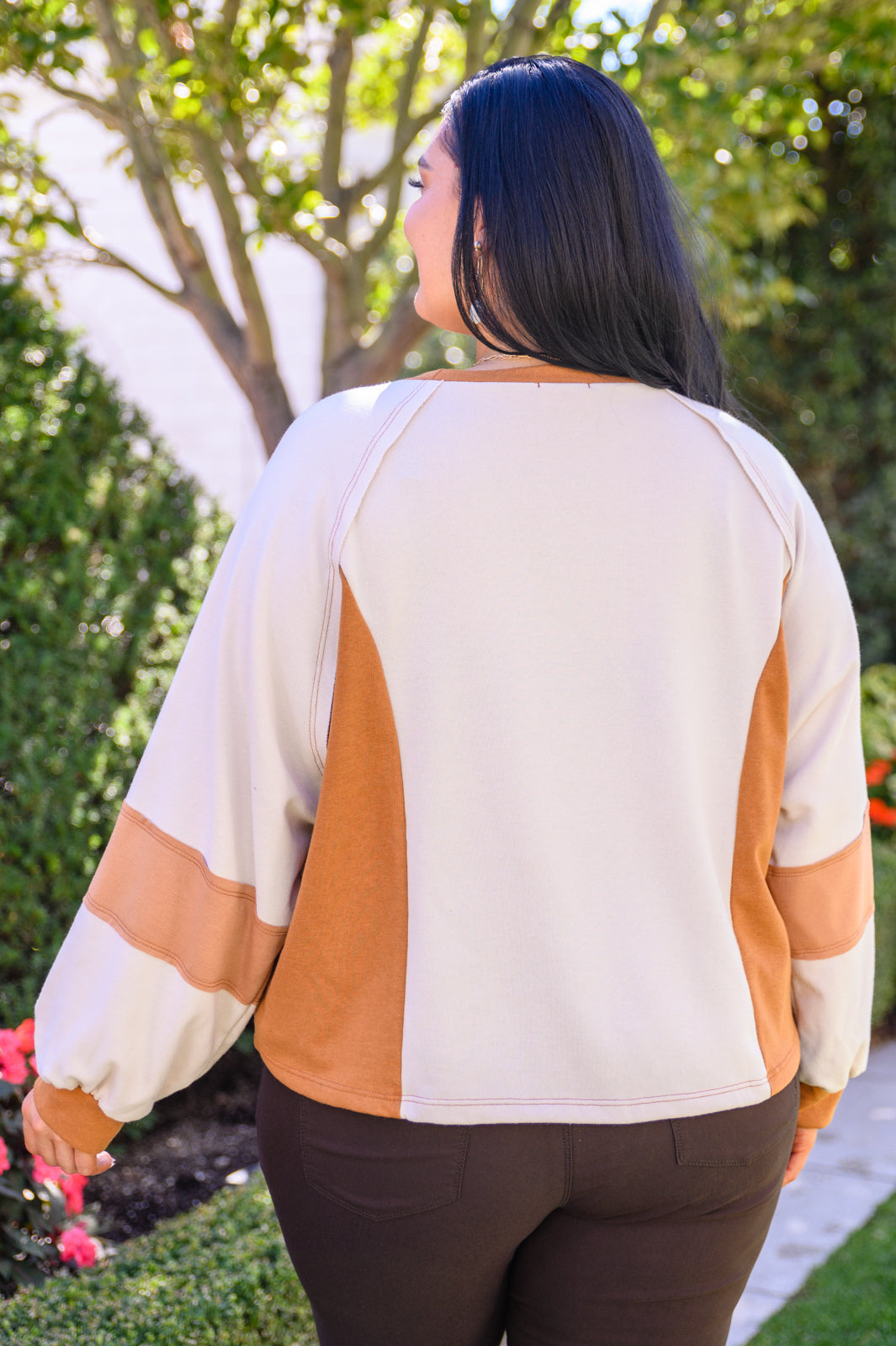 Status Quo Boxy Long Sleeve Top featuring a round neckline, balloon sleeves, and color block detail in a lightweight French terry knit fabric.